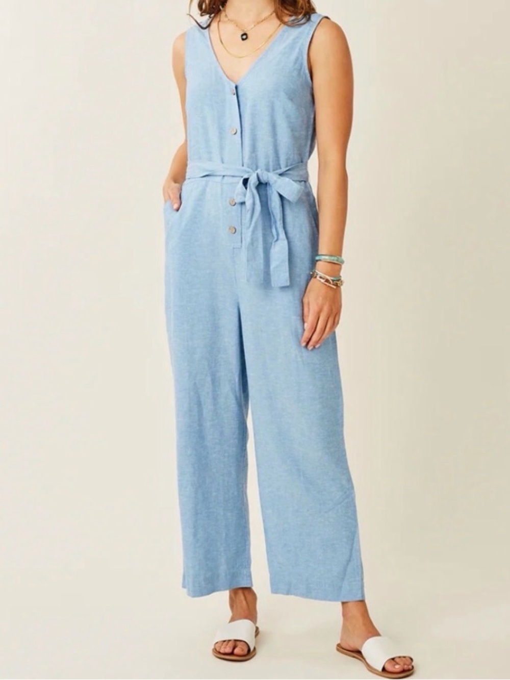 Carve Designs Light Blue Sleeveless V-Neck Linen Jumpsuit with Tie Waist